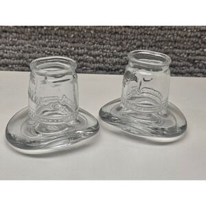 Vintage Libbey Clear Glass Cowboy Hat Toothpick Holder Votive Set of 2 Western